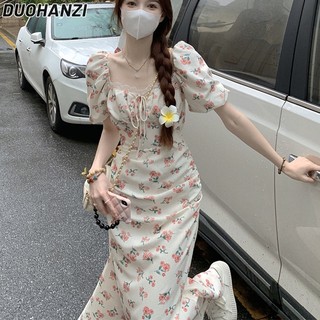 Đầm nữ DUOHANZI ngắn tay hở lưng cột dây eo thời trang
