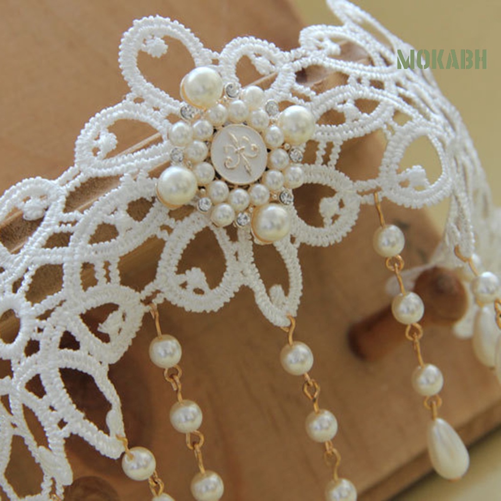 [Mokabh] Vòng Cổ Choker Ren Trắng Đính Ngọc Trai Giả Thanh Lịch Có Thể Điều Chỉnh Trang Sức Cưới Dành Cho Nữ