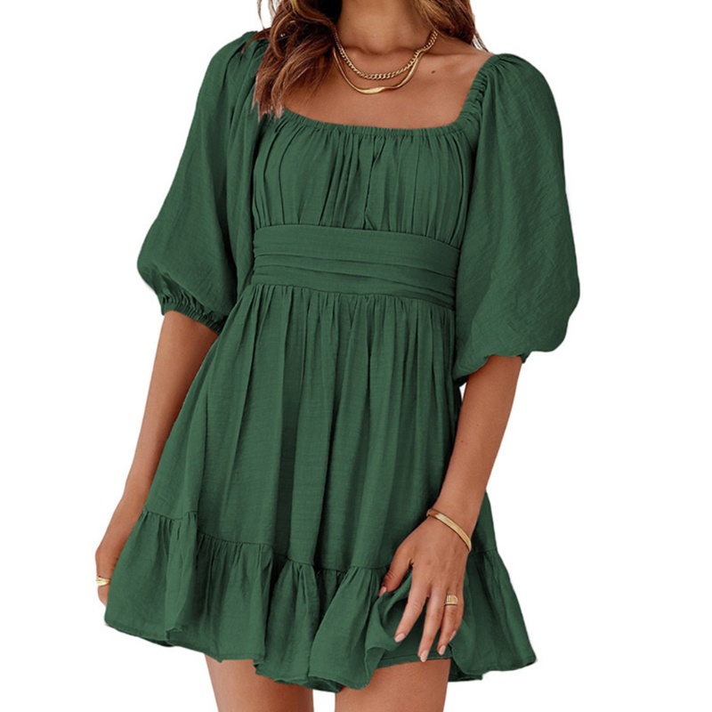 Đầm Mini Dáng Chữ A Cổ Vuông Tay Phồng Eo Co Giãn Thanh Lịch Dành Cho Bạn Nữ