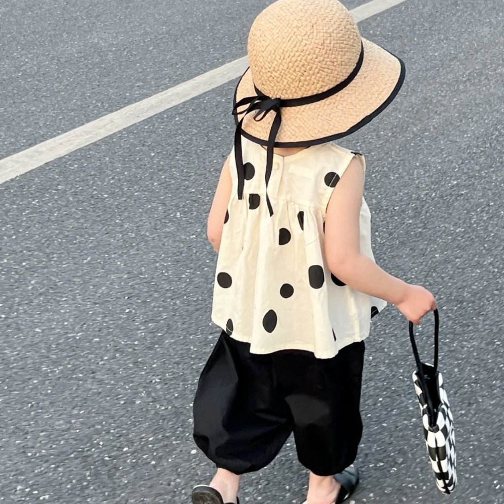 Bộ Áo Liền Quần Chấm Bi Dáng Rộng Chống Muỗi Phong Cách Hàn Quốc Thời Trang Mùa Hè Cho Bé Gái