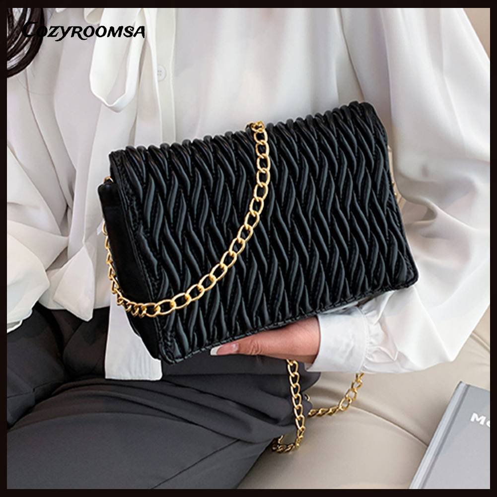 Túi Đeo Chéo Da PU Xếp Ly Phối Dây Đeo Sợi Xích Thời Trang Cho Nữ