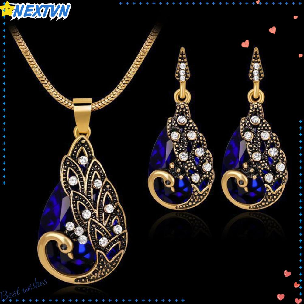 Set Khuyên Tai Đính Đá Phong Cách Vintage Thời Trang|Bộ Trang Sức Cô Dâu Thiết Kế Sang Trọng Quý Phái