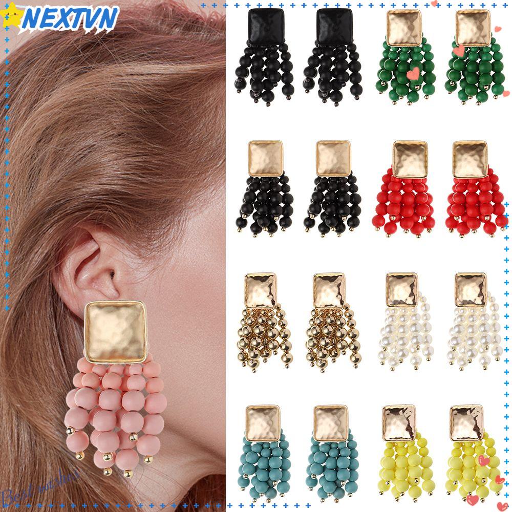 Khuyên Tai Kim Loại Tua Rua Hạt Gỗ Thời Trang