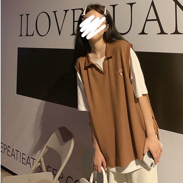 Set Áo Thun Sát Nách Cổ Polo Dáng Rộng Phối Dây Rút + Áo Thun Phong Cách Vintage