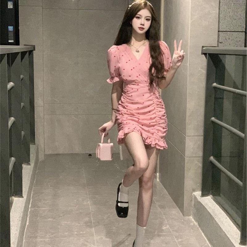 Đầm Voan Hoa Ngắn Tay Cổ Tim Xinh Xắn Theo Phong Cách Mùa Hè Pháp