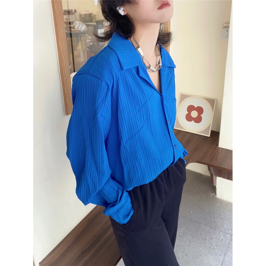 Cuban Áo Sơ Mi Kẻ Sọc Tay Phồng Cao Cấp Thời Trang Mùa Thu Đường Phố