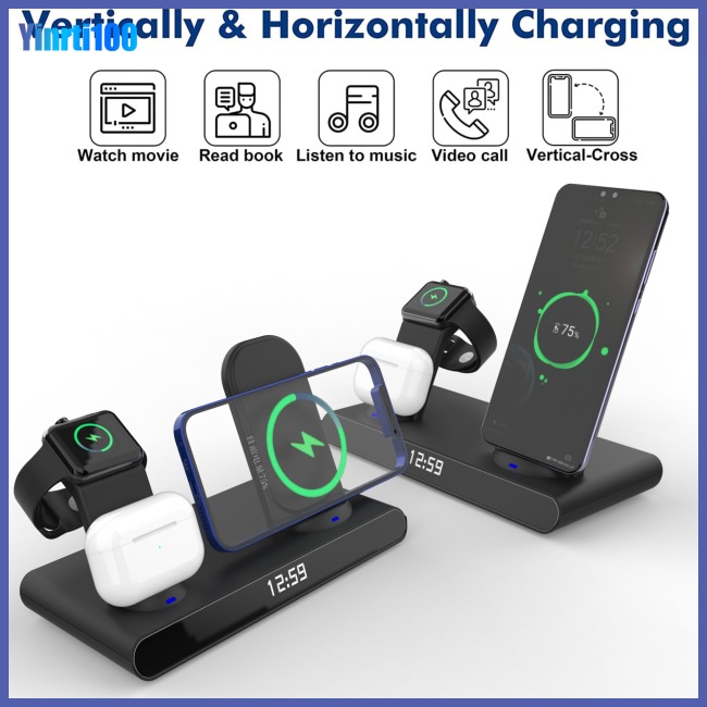 Đế Sạc Không Dây Yinrti 15w 5 Trong 1 Kiêm Đồng Hồ Báo Thức Cho Điện Thoại Di Động