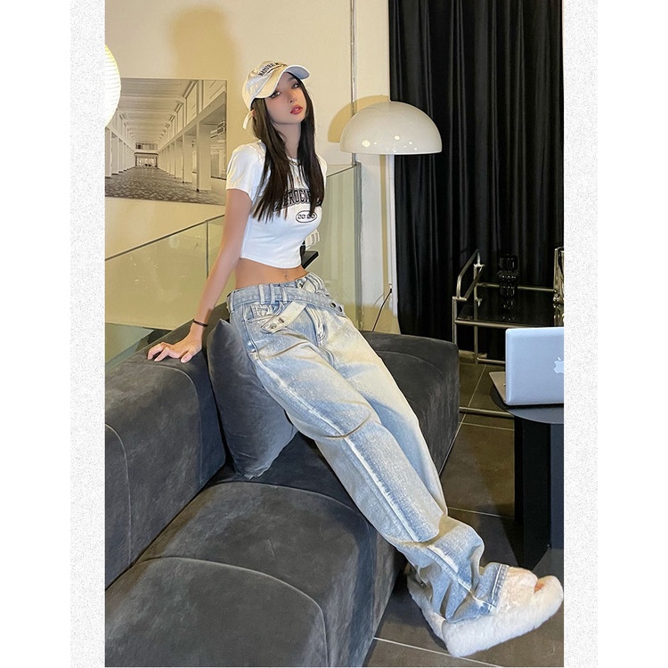 Quần Jean Dài Lưng Cao Ống Rộng Phong Cách Retro Mỹ Thời Trang Mùa Thu Cá Tính Cho Nữ