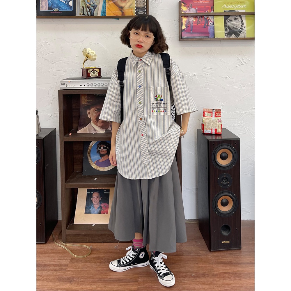 Áo Sơ Mi Tay Ngắn Kẻ Sọc In Hoạt Hình Thời Trang Mùa Hè 2023 Cho Nữ