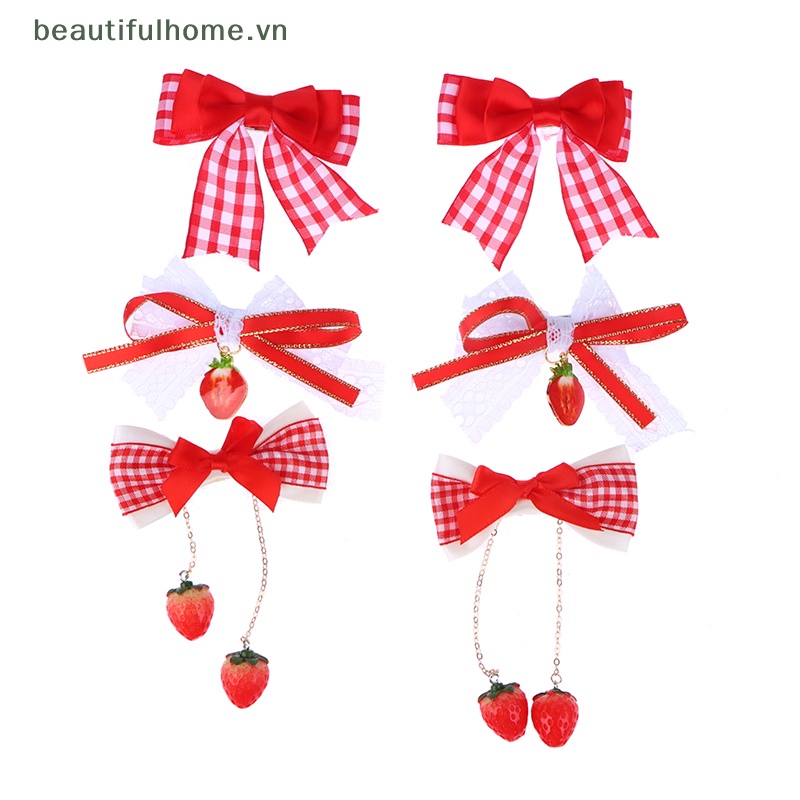 1 Cặp Kẹp Tóc Nơ Vải Ren Hai Lớp Hình Quả Cherry Đỏ Phong Cách Lolita