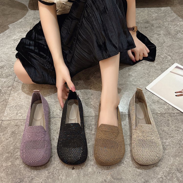 Giày Búp Bê Dệt Kim Mũi Tròn Đế Dày Thấp Màu Đen / Tím Thời Trang Cho Nữ TJSB