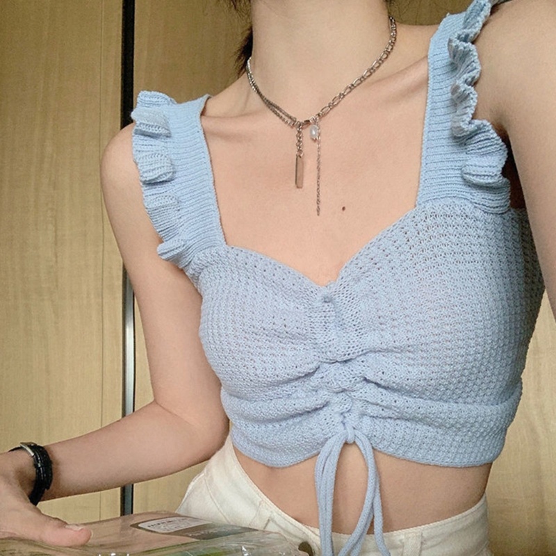 Áo Crop Top Hai Dây Dệt Kim Phối Bèo Phong Cách Vintage Thời Trang Mùa Hè Cho Nữ