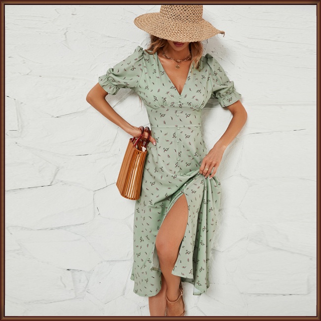 Đầm Dáng Chữ A Tay Ngắn Phồng Cổ Chữ V Xẻ Tà In Họa Tiết Hoa Thanh Lịch Thời Trang Cho Nữ