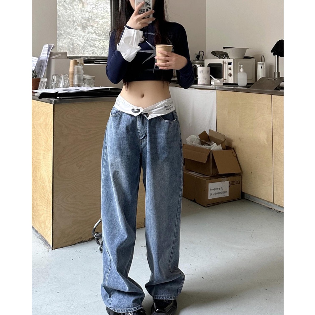 Quần Jean Nữ Ống Rộng Lưng Cao Phong Cách Đường Phố Mỹ Cá Tính