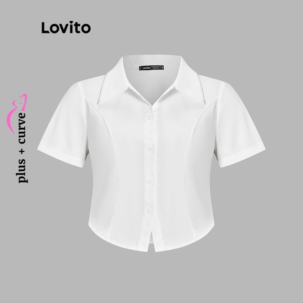 Lovito Áo sơ mi cơ bản cổ trơn có đường cong ngoại cỡ thanh lịch dành cho nữ LPS11007 (Trắng)
