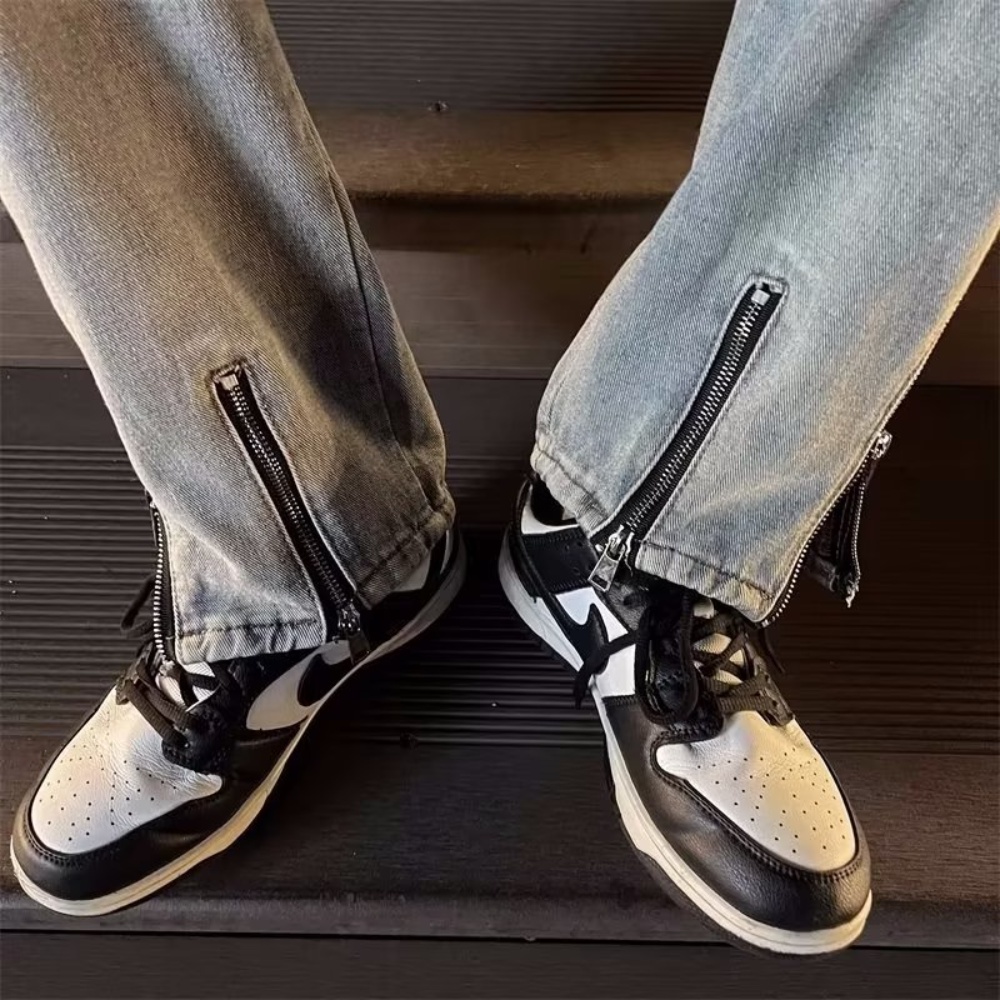 Quần Jean Dài Dáng Rộng Ống Suông Phối Khóa Kéo Kiểu Retro Đường Phố Mỹ Cá Tính Cho Nam