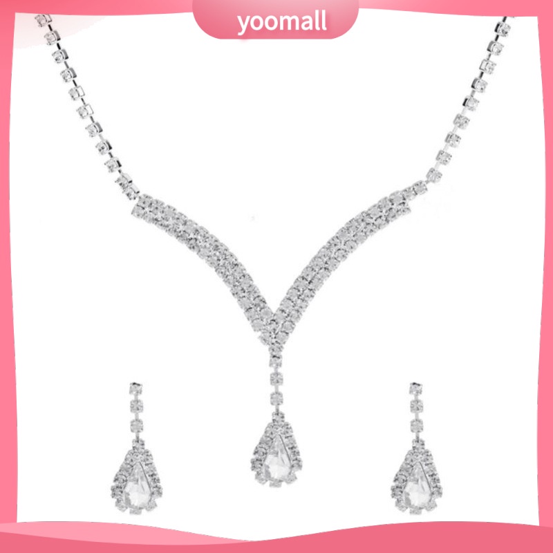 Bộ Vòng cổ + Bông Tai Đính Kim Cương Giả Màu Bạc Sang Trọng Cho Nữ