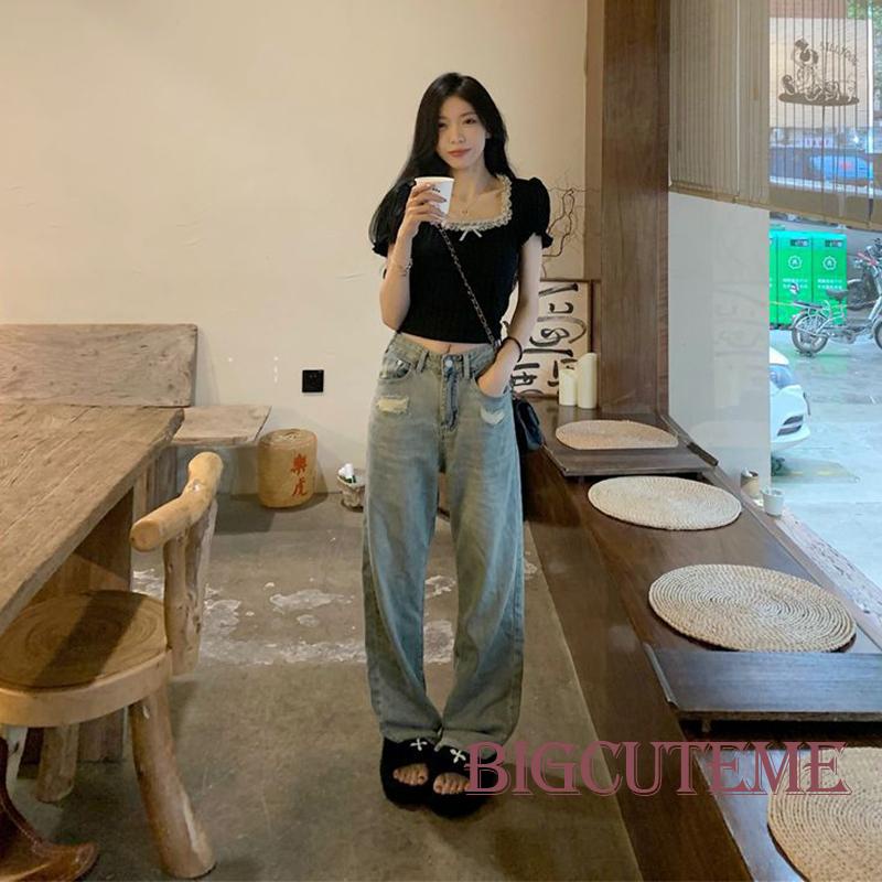 Áo Croptop Cổ Vuông Tay Ngắn Phồng Phối Ren Thời Trang Mùa Hè Phong Cách Hàn Quốc Cho Nữ