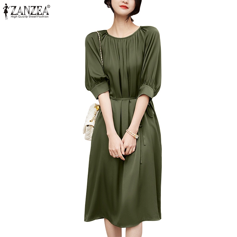 Zanzea Đầm Midi Tay Lửng Cổ Tròn Phong Cách Hàn Quốc Thanh Lịch Dành Cho Nữ