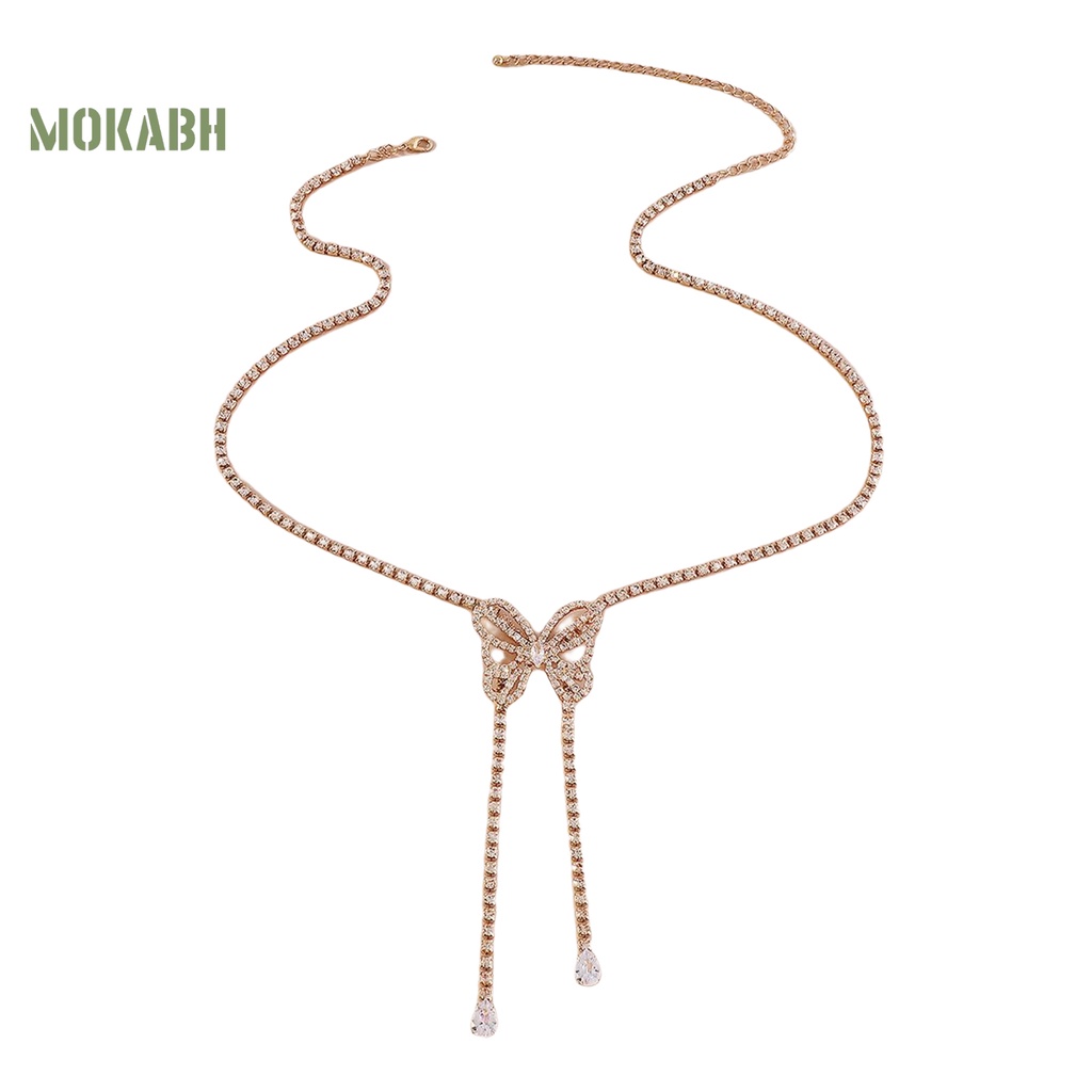 [Mok Abh] Vòng cổ Dáng Dài Hai Lớp Mặt Hình Bướm Đính Đá Phong Cách Retro Thanh Lịch