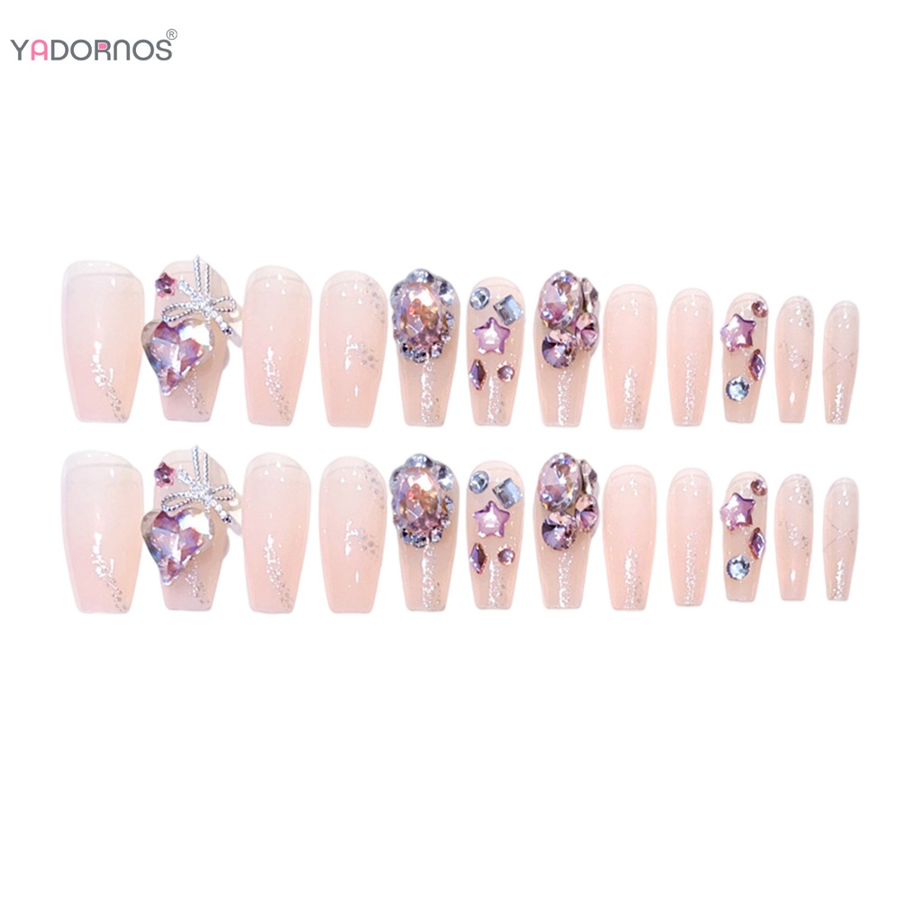 YADORNOS Móng Tay Giả Siêu Dẻo Đính Đá Trái Tim Màu Hồng Xinh Xắn
