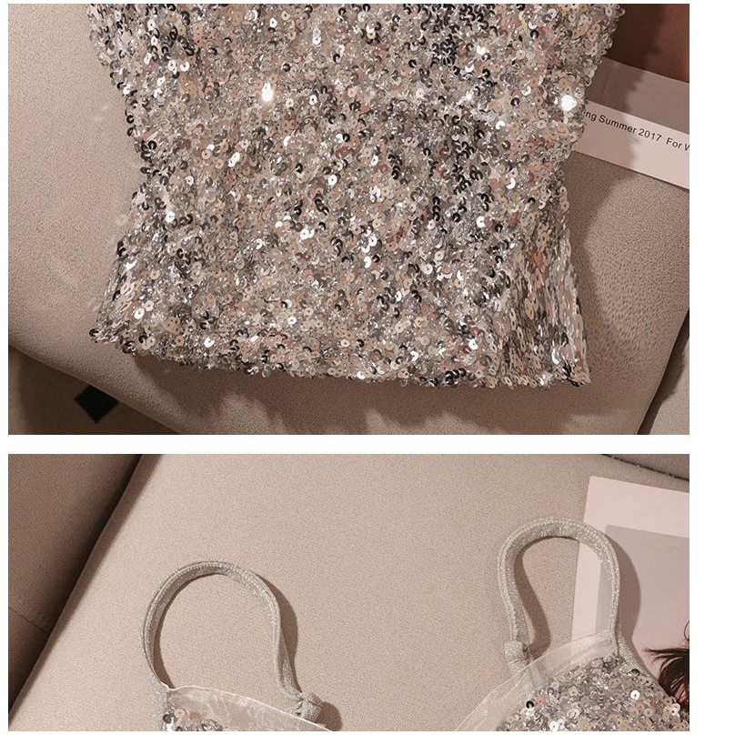 Áo Hai Dây Cổ Chữ V Màu Đen Đính Kim Sa Lấp Lánh Thời Trang Mùa Hè Cho Nữ