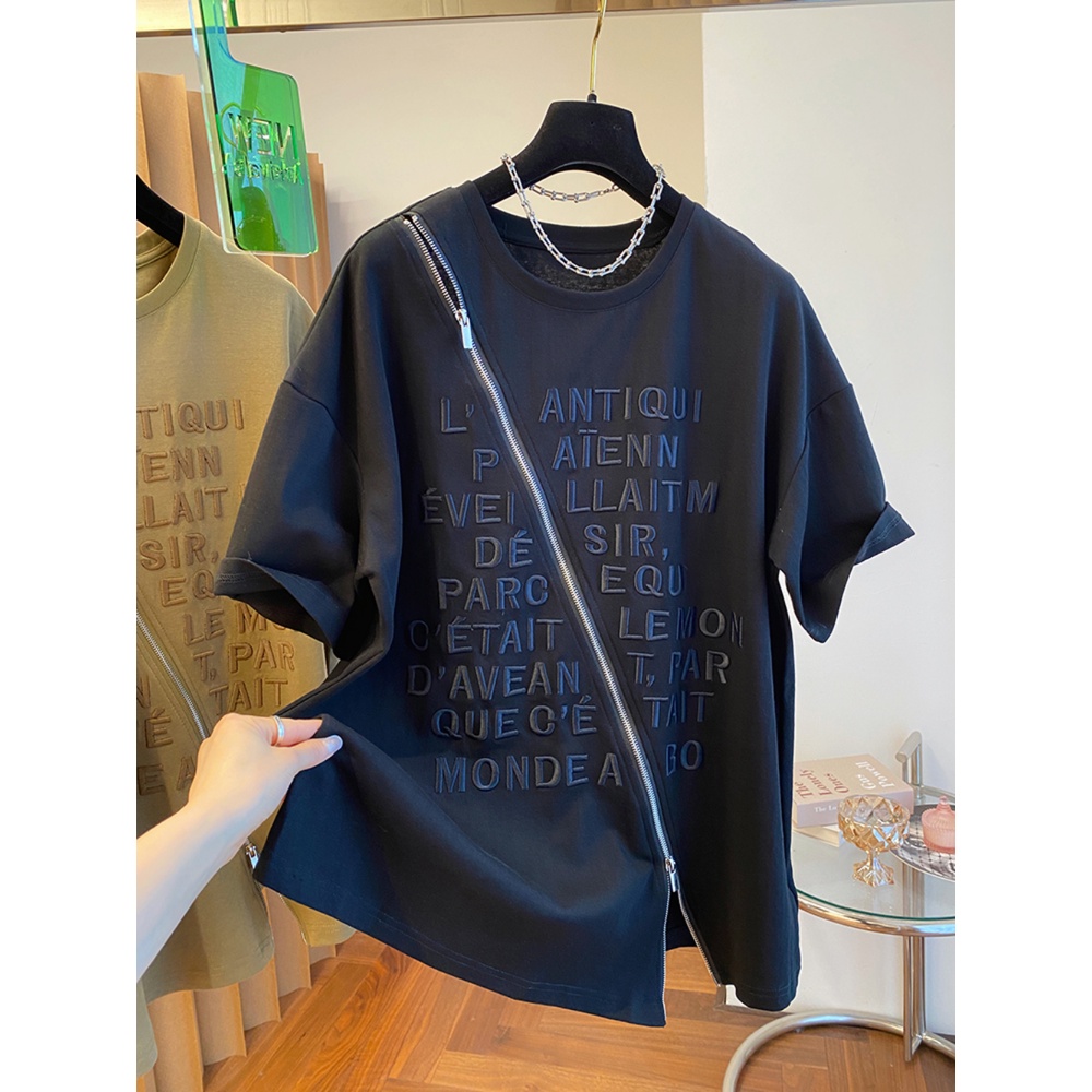 Áo Thun Tay Ngắn Dáng Rộng Thêu Họa Tiết Có Khóa Kéo Thời Trang Cho Nữ