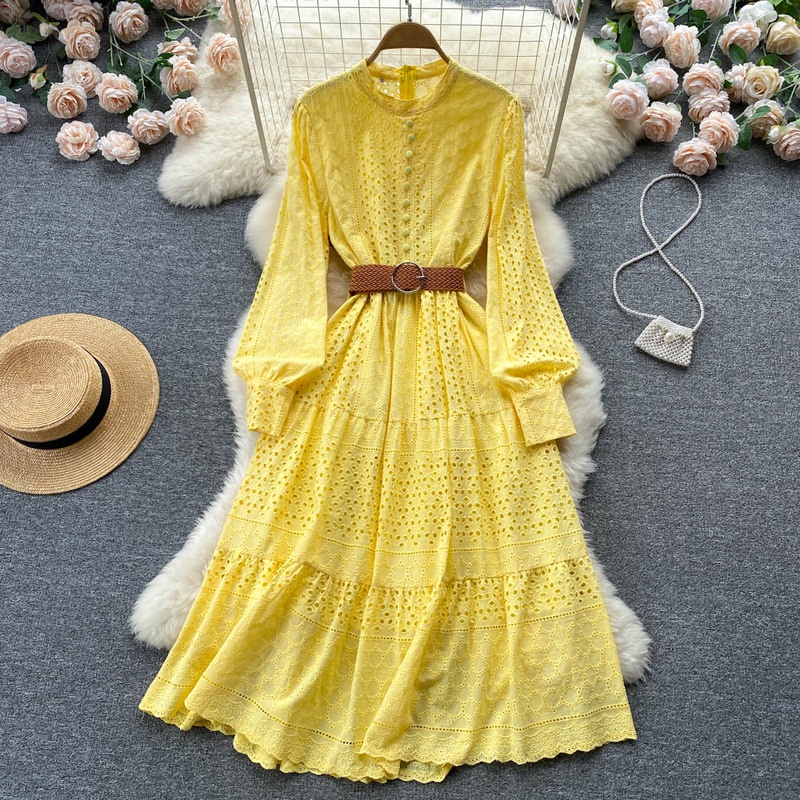 Đầm Tay Dài Cổ Tròn Cột Dây Thêu Họa Tiết Phong Cách Pháp Thời Trang Xinh Xắn Cho Nữ