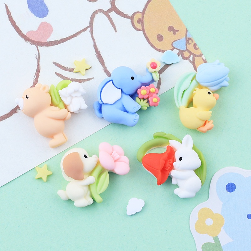 Set 10 Phụ Kiện Kẹp Tóc Hình Động Vật / Bông Hoa / Chú Voi Hoạt Hình Bằng Nhựa Resin DIY