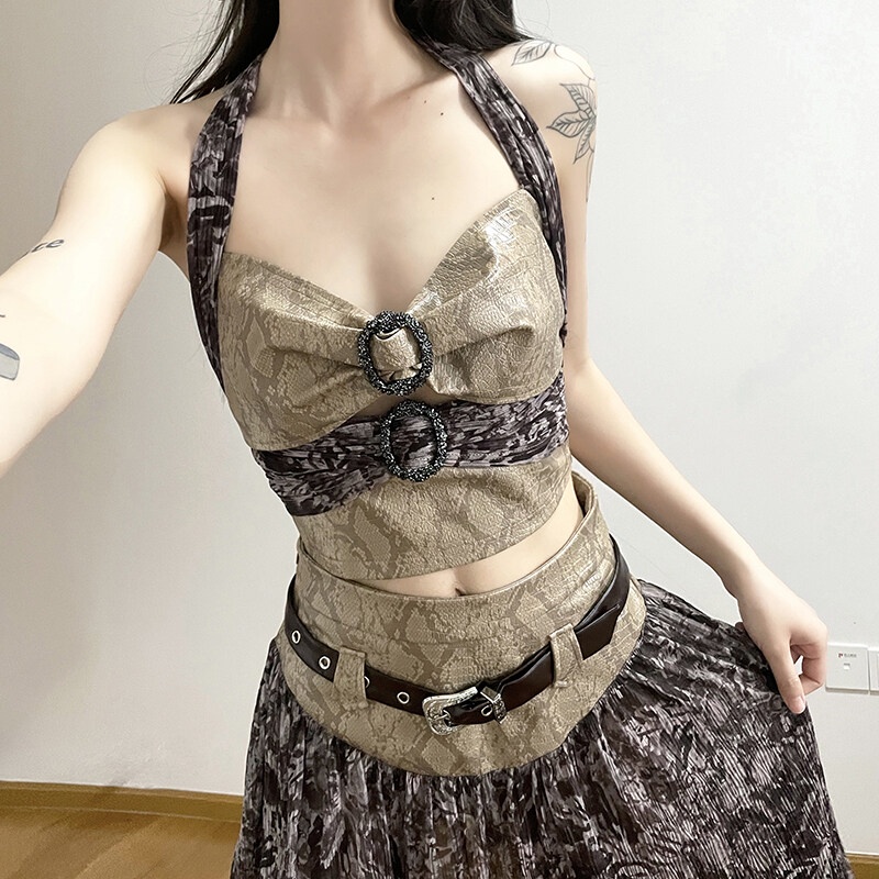 Weird Puss Set Áo Hai Dây Cổ Yếm Y2K + Chân Váy Chữ A Họa Tiết Hoa Thời Trang Nữ Tính