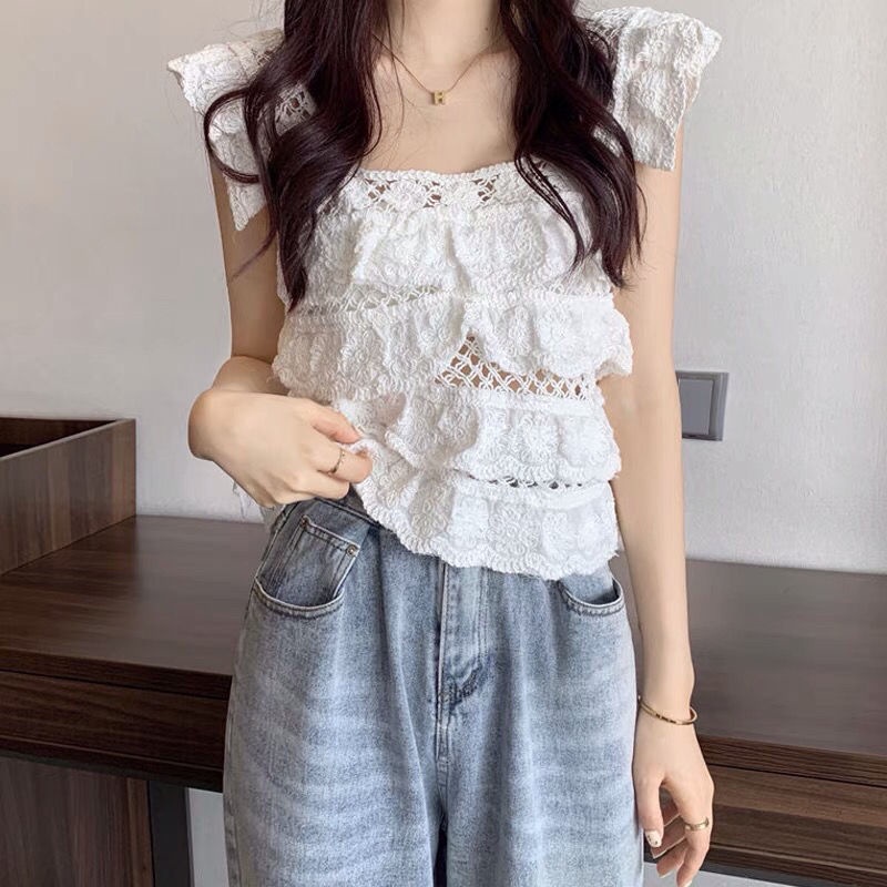 [LININ] Áo Không Tay Cổ Vuông Phối Ren Rỗng Màu Trắng Phong Cách Pháp Sang Trọng