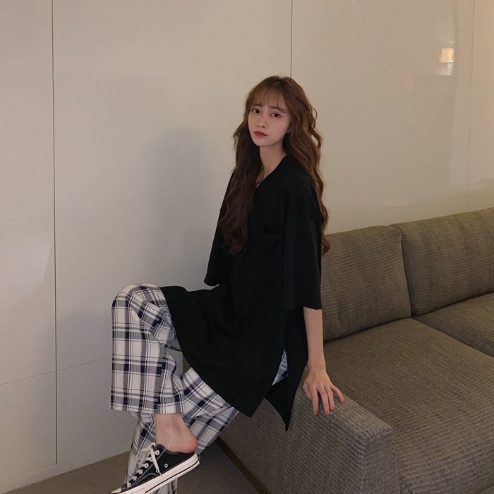 Áo Thun Nữ Tay Lửng Cổ Chữ V Xẻ Tà Màu Trơn Phong Cách Hàn Quốc Plus Size