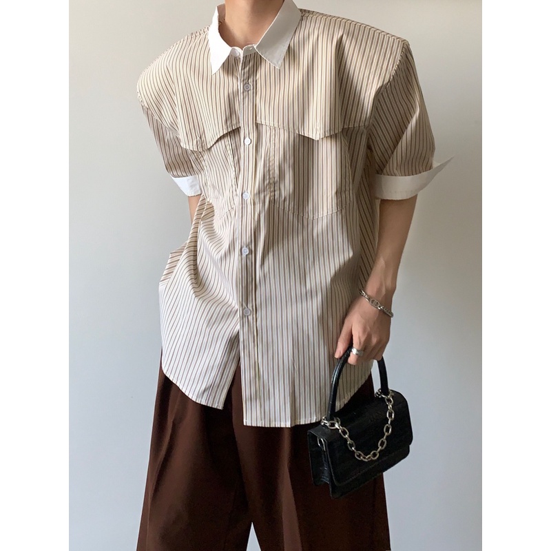 Áo Sơ Mi Tay Lửng Dáng Rộng Họa Tiết Kẻ Sọc Phong Cách Retro Nhật Bản Dành Cho Nam