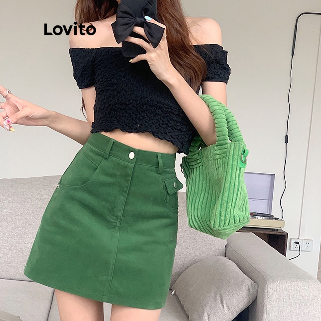 Lovito Váy ngắn chữ A trơn có túi đơn giản dành cho nữ LNE09120 (Màu xanh lá)