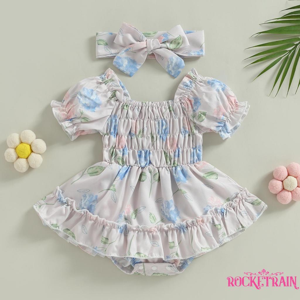 Bộ Áo Liền Quần Hở Vai In Hoa + Chân Váy Chữ A + Băng Đô Nơ Xinh Xắn Cho Bé Gái