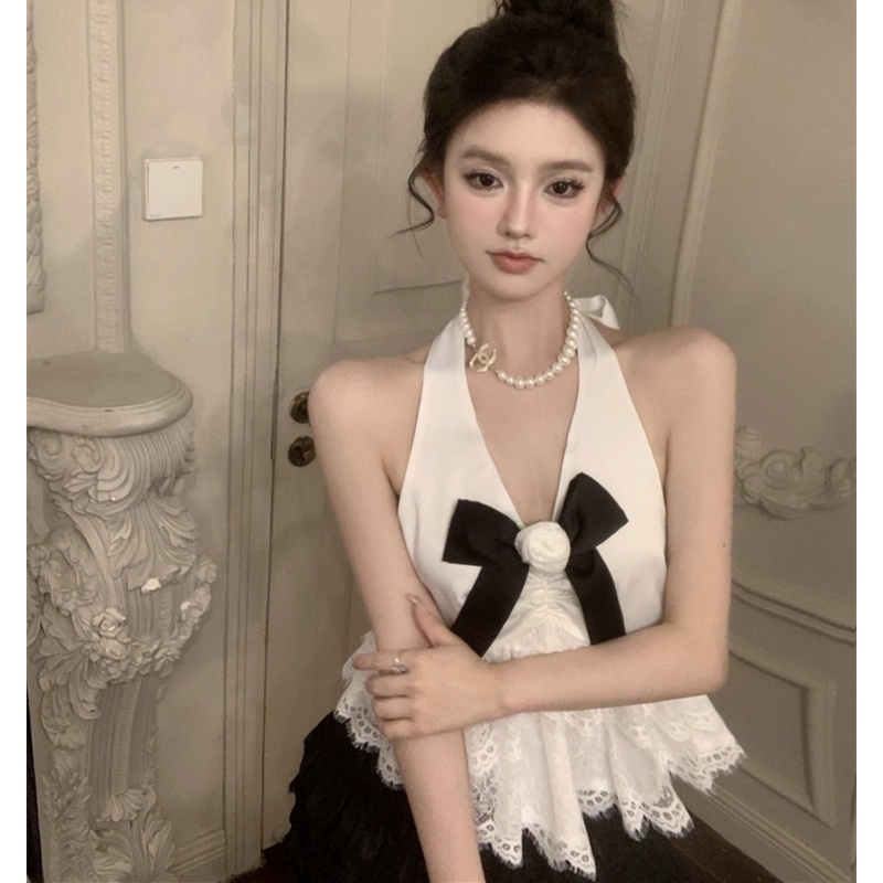 Áo Sát Nách Cổ Yếm Chất Satin Phối Ren Nơ Thời Trang Mùa Hè Quyến Rũ Cho