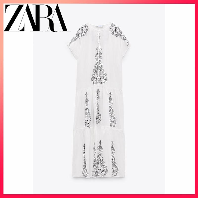 Zara Đầm midi Chất Liệu cotton Thêu Họa Tiết Thời Trang Cho Nữ