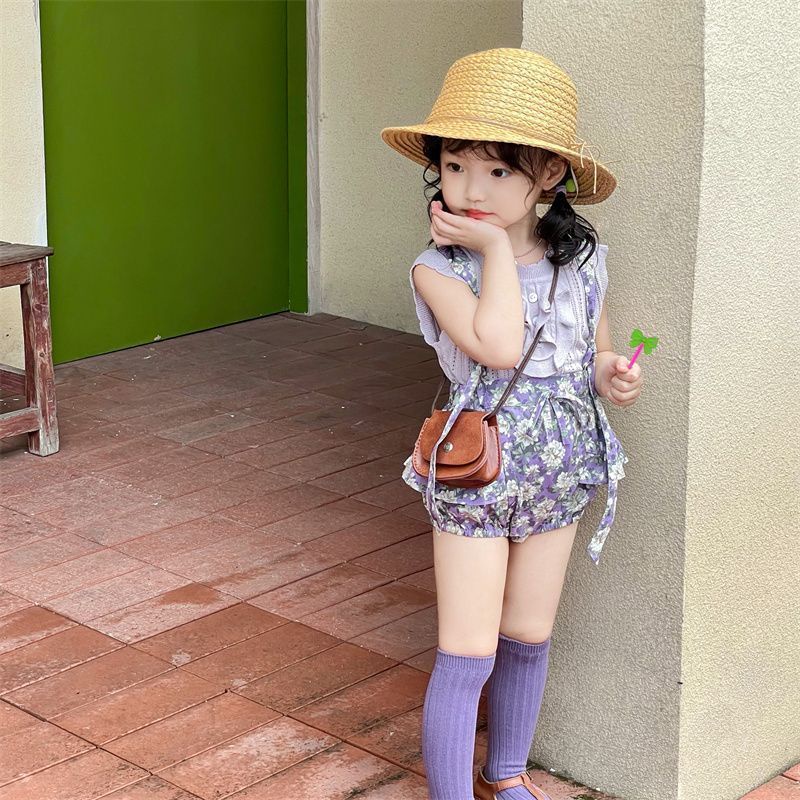 Bộ Áo Hoa Phối Bèo + Quần Yếm Phong Cách Pháp Thời Trang Xinh Xắn Cho Bé Gái