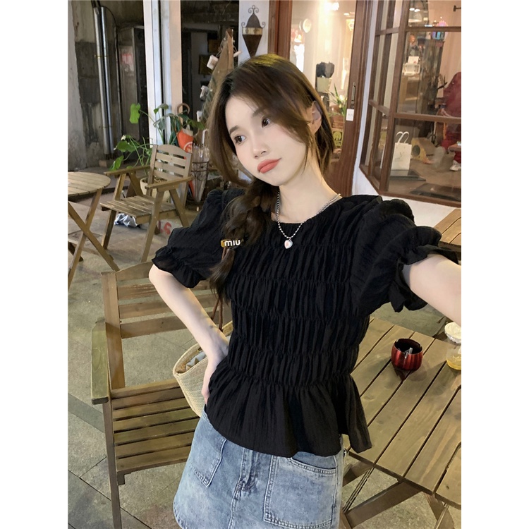 Áo Sơ Mi Ngắn Mỏng Cổ Tròn Tay Phồng Xếp Ly Màu Trơn Mùa Hè Mới Cho Nữ