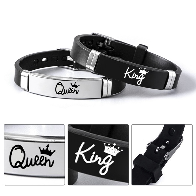 Set 2 Vòng Tay Silicone Phối Mặt Kim Loại Khắc Chữ King Queen Thời Trang Cho Cặp Đôi