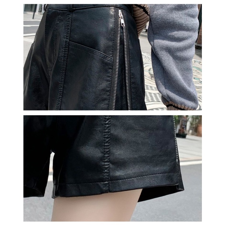 Quần Short Da PU Lưng Cao Dáng Rộng Phối Khóa Kéo Thời Trang Mùa Hè 2023 Cho Nữ
