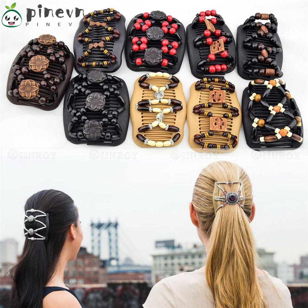 PINEVN Lược Cài Tóc Co Giãn Đính Hạt Gỗ Hình Bướm Dễ Thương
