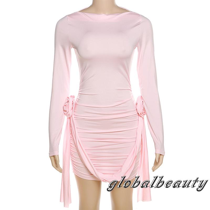 Đầm Body Tay Dài Cổ Thuyền Họa Tiết Hoa 3D Màu Sắc Trơn Quyến Rũ Cho Nữ