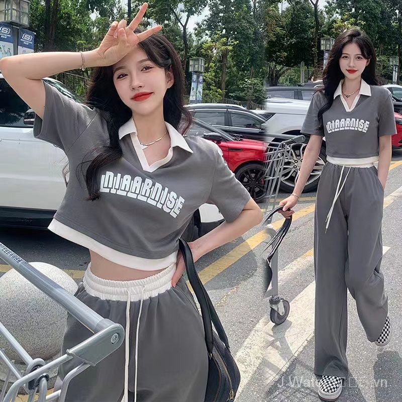 Set Áo Thun polo Ngắn Tay + Quần Dài Ống Loe Thời Trang Thể Thao Cho Nữ