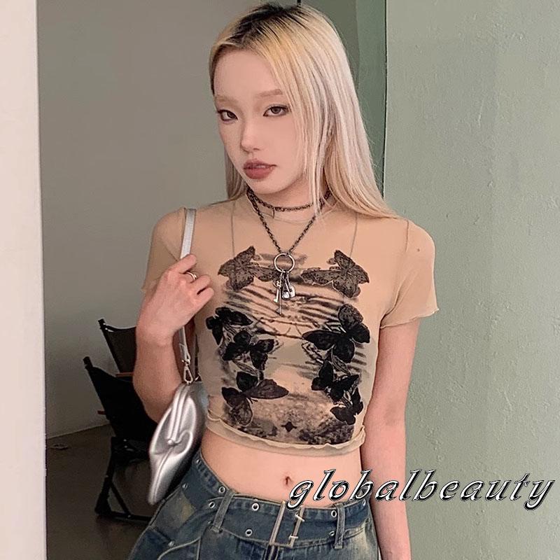 Áo Thun Tay Ngắn Cổ Tròn Xuyên Thấu In Họa Tiết Bươm Bướm Dành Cho Nữ