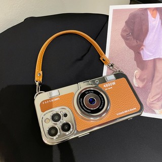 Creative and Personalized 3D Electroplated Camera Leather Hand Starp Phone Case Suitable for iPhone 15 Pro Max 11 12 13 14 Pro Max 14 Plus Shockproof Full Case