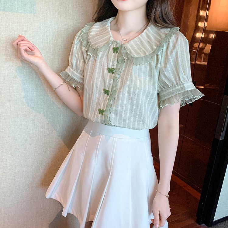 Áo Sơ Mi Tay Phồng Cổ Búp Bê Họa Tiết Kẻ Sọc Thời Trang Pháp 2023 Cho Nữ