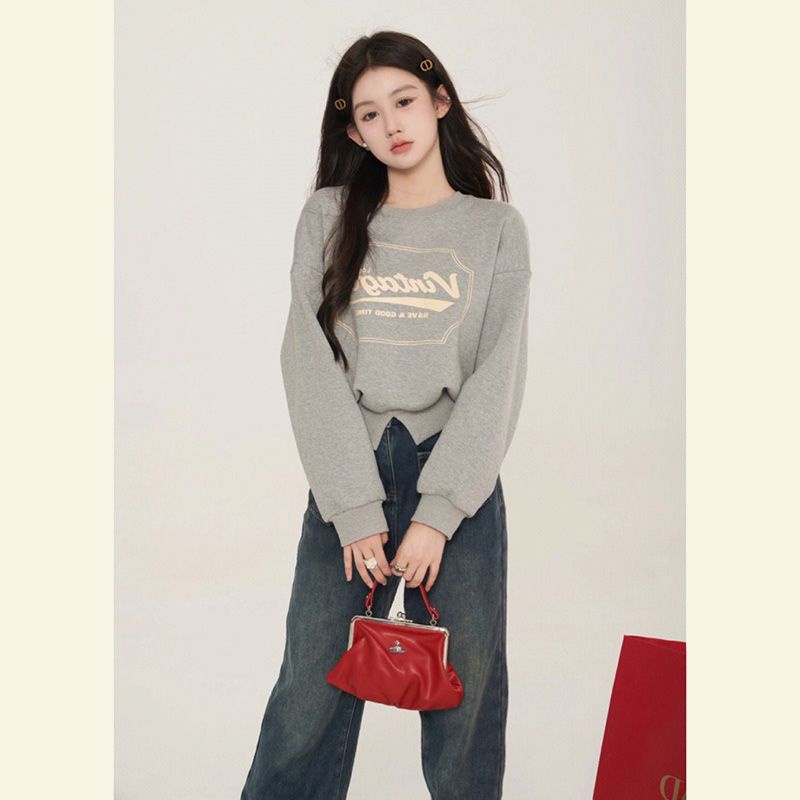 [Hàng Có Sẵn] Áo sweatshirt Cổ Tròn Lưng Cắt Xén Phong Cách Hàn Quốc 2023