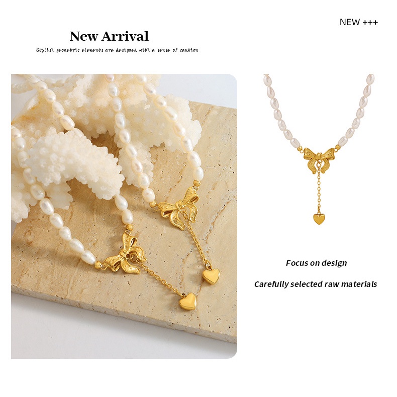 Vòng cổ Ngọc Trai Mặt Nơ Tua Rua Trái Tim Thời Trang Cao Cấp Phong Cách Pháp