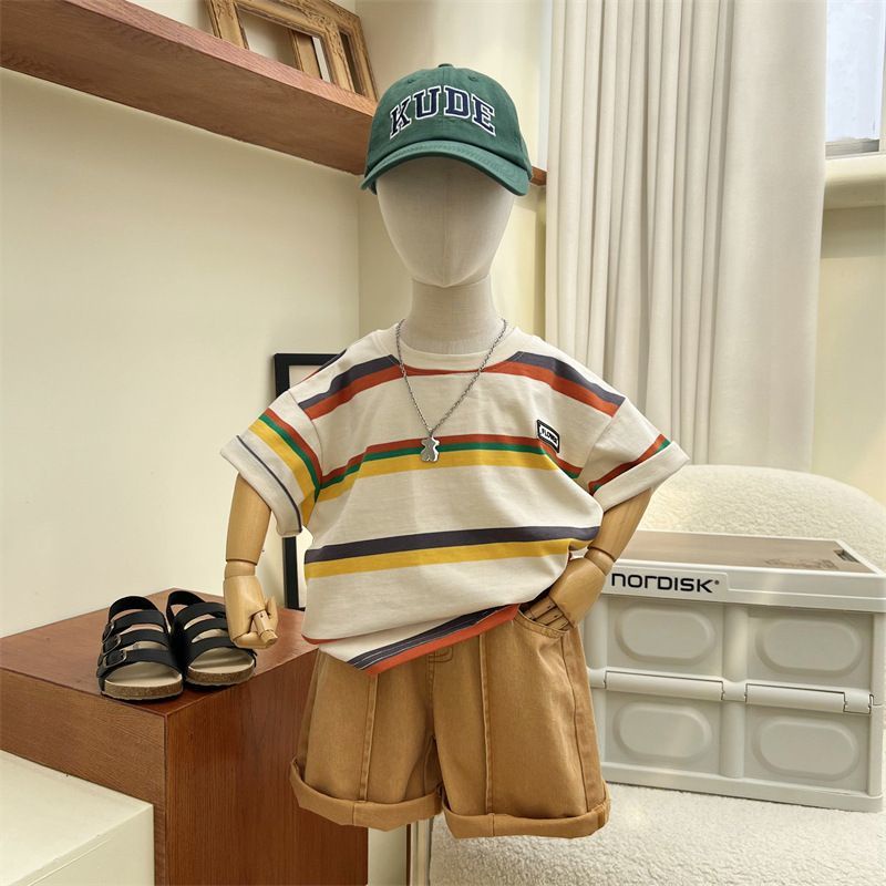 Áo Thun Tay Ngắn Dáng Rộng Họa Tiết Kẻ Sọc Phong Cách Hàn Quốc Dễ Thương Thời Trang Mùa Hè Cho Bé Trai Và Gái